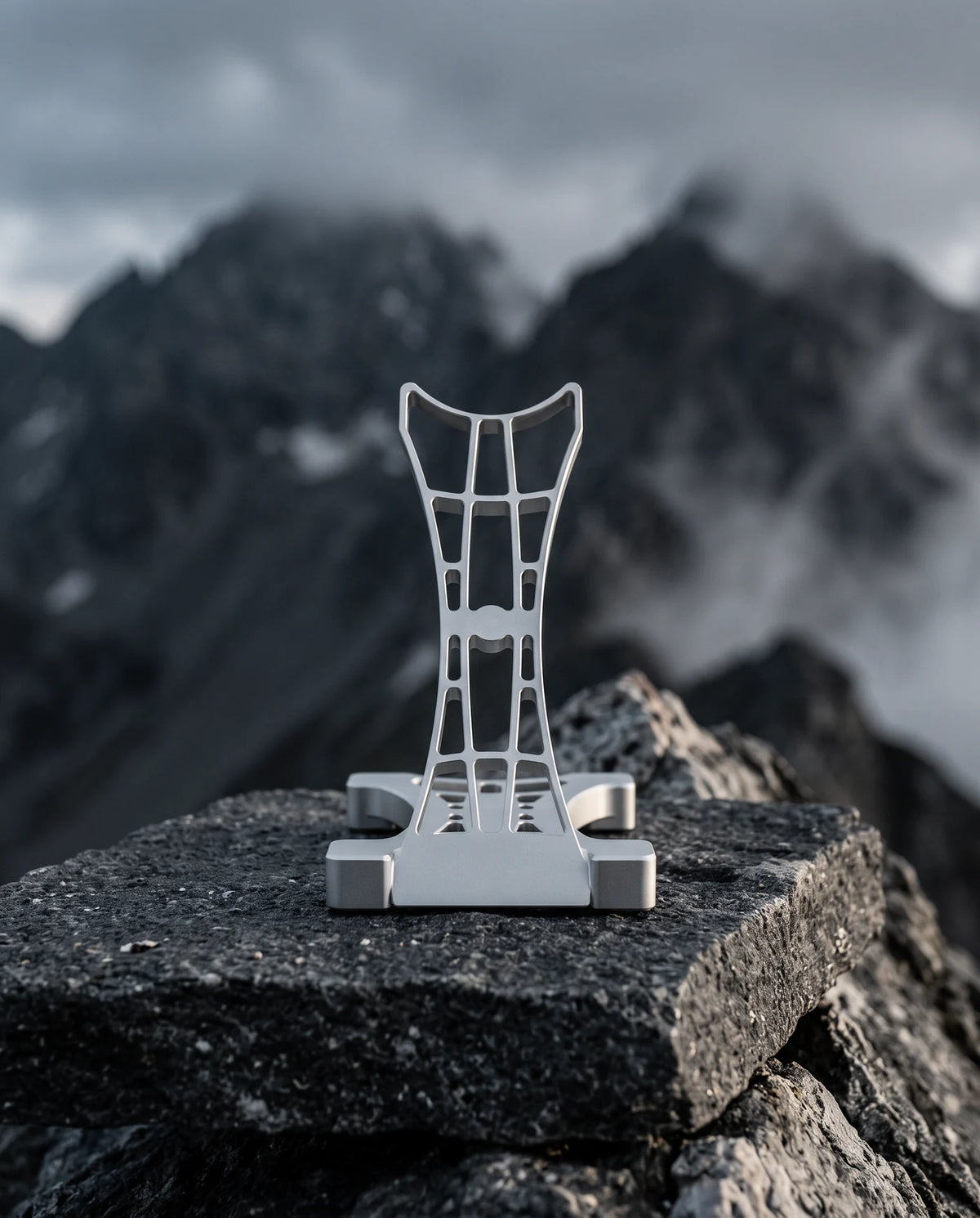 THE STAND 0.01 alone on a rock, snow-covered summits behind