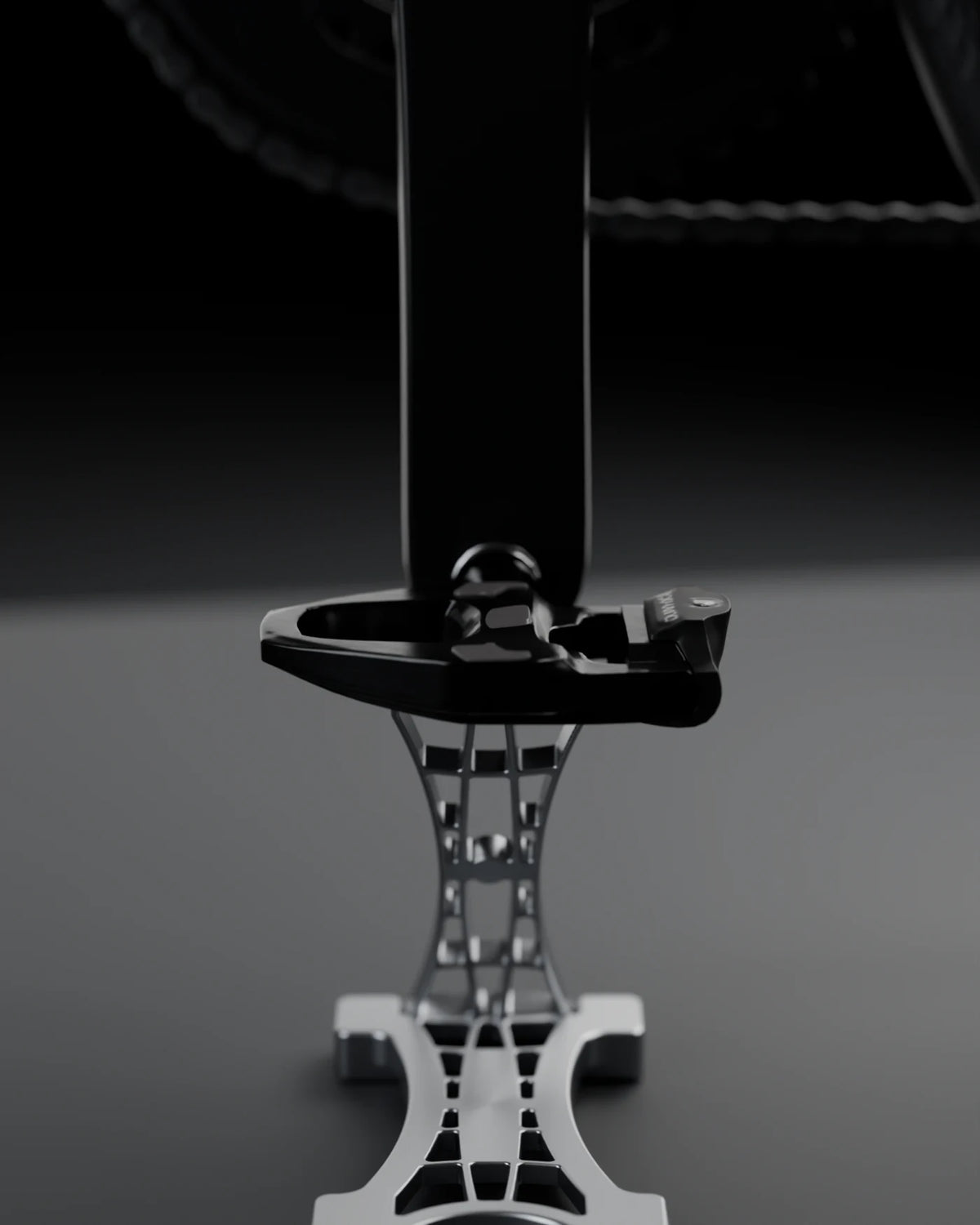THE STAND 0.01 three-quarter view under the pedal, openwork structure in detail