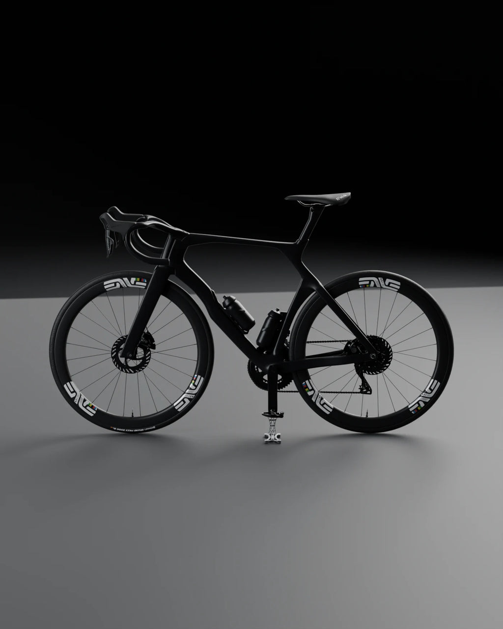 Complete road bike held by THE STAND 0.01, studio side view