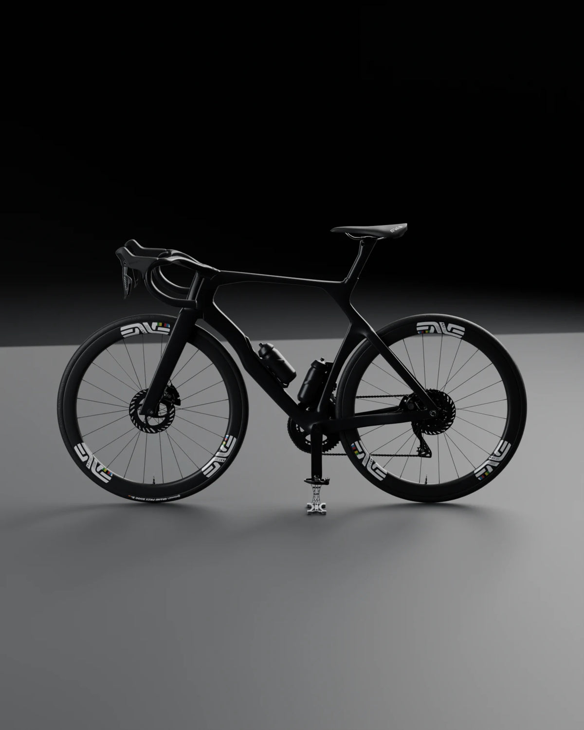 Complete road bike held by THE STAND 0.01, studio side view